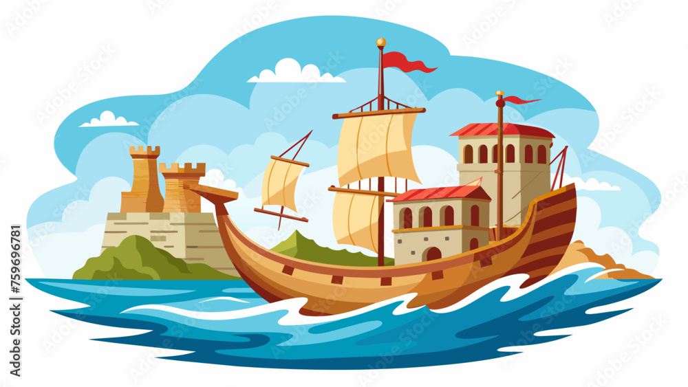 Roman era merchant ship float to the seashore vector art illustration