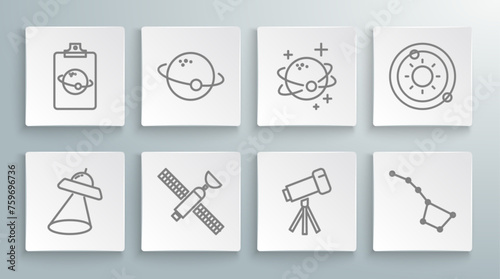 Set line UFO flying spaceship, Planet, Satellite, Telescope, Great Bear constellation, Solar system and icon. Vector