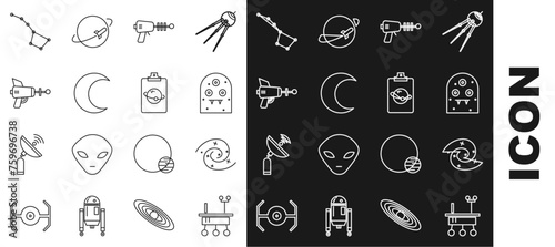 Set line Mars rover, Black hole, Alien, Ray gun, Moon and stars, Great Bear constellation and Planet icon. Vector