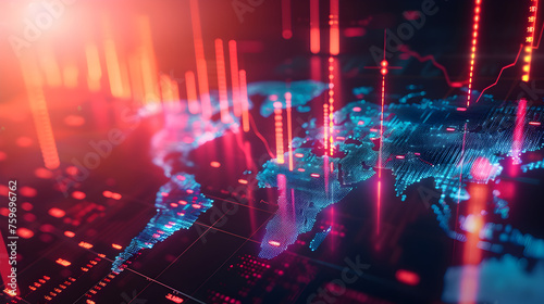 Finance, global financial markets concept. World map at stock market charts and forex data