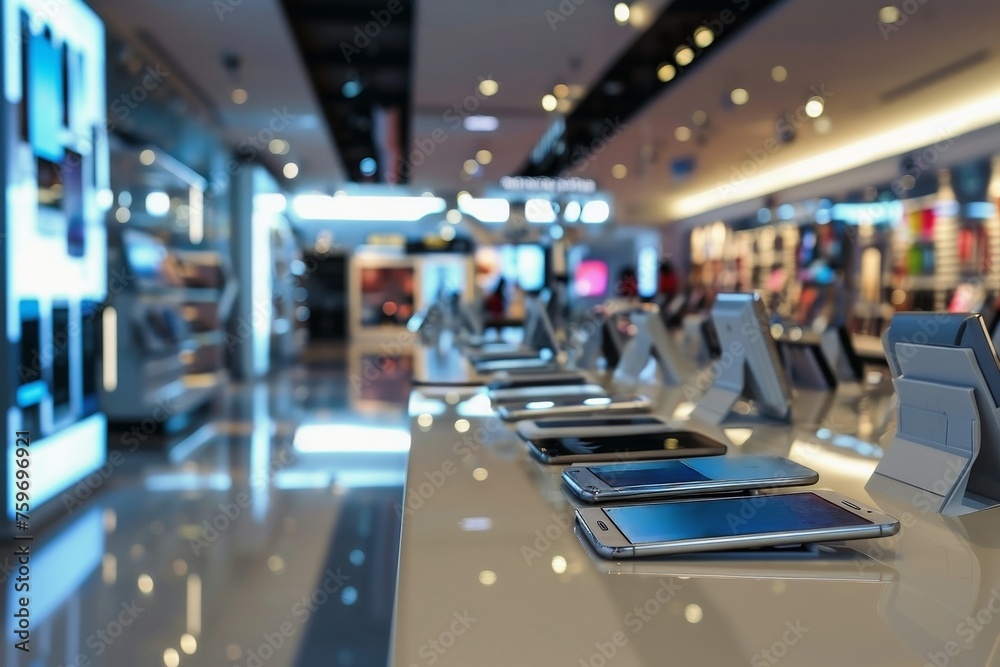 A modern smartphone shop with many different new phones. A modern smartphone shop with many different new phones.