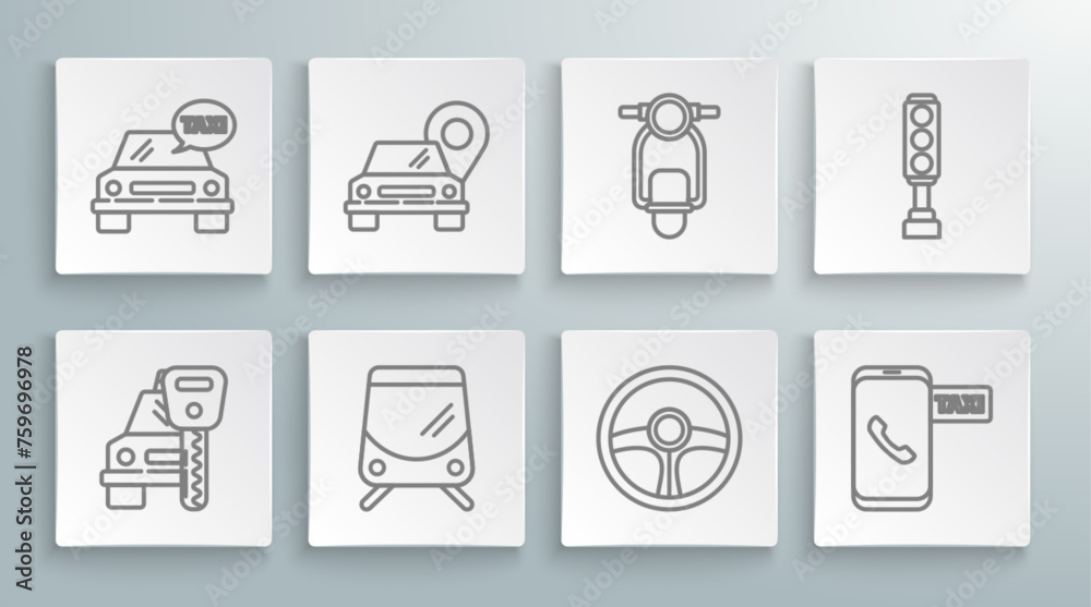 Set line Car rental, Map pointer with taxi, Tram and railway, Steering wheel, Taxi call telephone service, Scooter, Traffic light and car icon. Vector Set line Car rental, Map pointer with taxi, Tram and railway, Steering wheel, Taxi call telephone service, Scooter, Traffic light and car icon. Vector