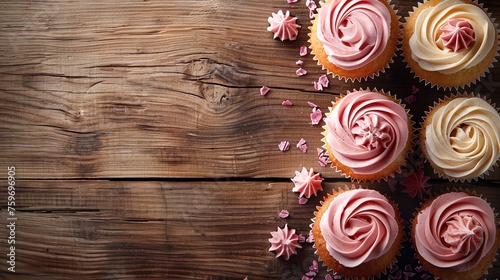 Four excellent and creamy cupcakes in close-up on a wooden table surrounded by roses with room for text and top view, Generative AI.