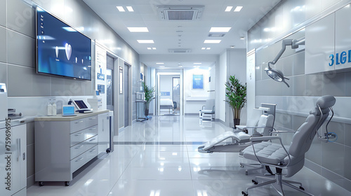 Modern Clinic of a Doctor with Wall-mounted TVs or digital displays for patient education and entertainment.