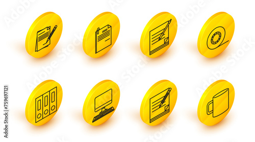 Set line Coffee cup flat, Blank notebook and pencil with eraser, Computer monitor keyboard, Office folders papers documents, Scotch, File clip and icon. Vector