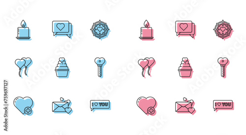 Set line Heart, Envelope with heart, Burning candle, Speech bubble I love you, Key shape, Balloons form of and Like icon. Vector