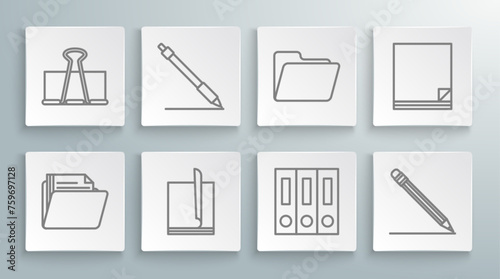 Set line Document folder, Pen line, File document, Office folders with papers and documents, Pencil eraser, and Binder clip icon. Vector