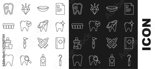 Set line Dental explorer scaler for teeth, Clipboard with dental card, Tooth whitening concept, Smiling lips, Dentures model, caries and icon. Vector