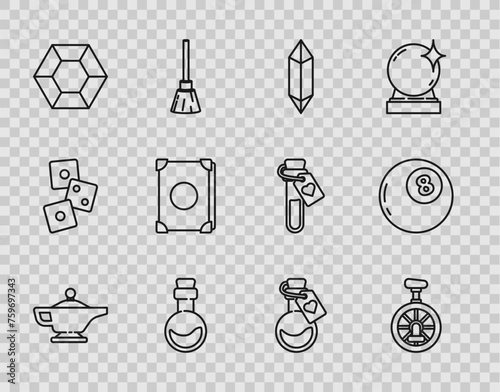 Set line Magic lamp or Aladdin, Unicycle one wheel bicycle, stone, Bottle with love potion, Ancient magic book, and ball of predictions icon. Vector