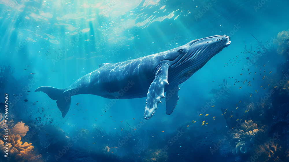 Fototapeta premium giant blue whale swimming in a deep beautiful blue ocean reef at an island with fishes, seaweed and corals. turquoise water color