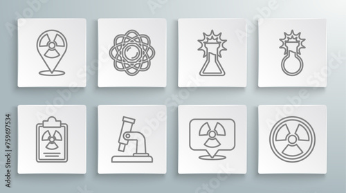 Set line Radiation warning document, Atom, Microscope, Radioactive location, Test tube and flask, and icon. Vector