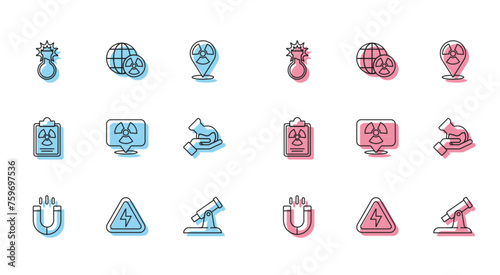 Set line Magnet, High voltage, Test tube and flask, Telescope, Radioactive in location, Radiation warning document and Planet earth radiation icon. Vector