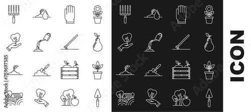 Set line Garden trowel spade or shovel, Flowers in pot, Pear, gloves, Watering can with water, Tree hand of environmental protection, rake work and icon. Vector