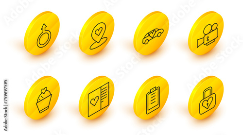 Set line Lock and heart, Clipboard with checklist, Postcard, Wedding cake, Cinema camera, Limousine, Location and Male gender symbol icon. Vector