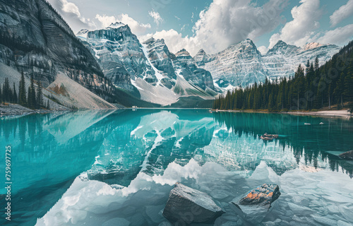A stunning photograph of the picturesque turquoise waters and snowcapped mountains reflecting in Moraine Lake, Banff National Park, Canada.