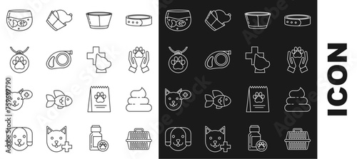 Set line Pet carry case, Shit, Hands with animals footprint, Protective cone collar, Retractable cord leash carabiner, Collar name tag, Aquarium fish and Veterinary clinic symbol icon. Vector