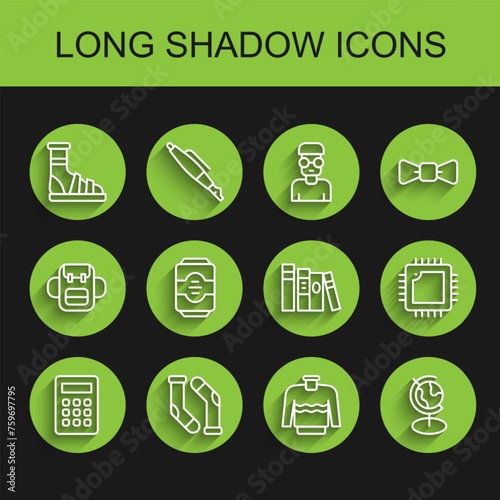 Set line Calculator, Socks, Slippers with socks, Sweater, Earth globe, Energy drink, Processor CPU and Book icon. Vector