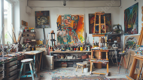 Modern Studio of an Artist with Inspiring decor such as vibrant paintings, sculptures, and art supplies on display.