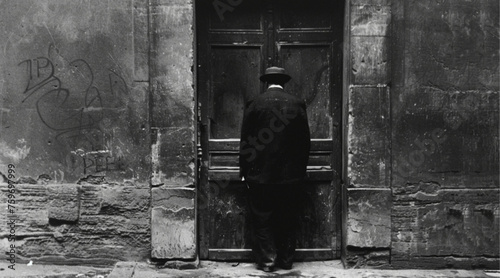 The back of a man standing in the doorway 1920s photo black and white photo