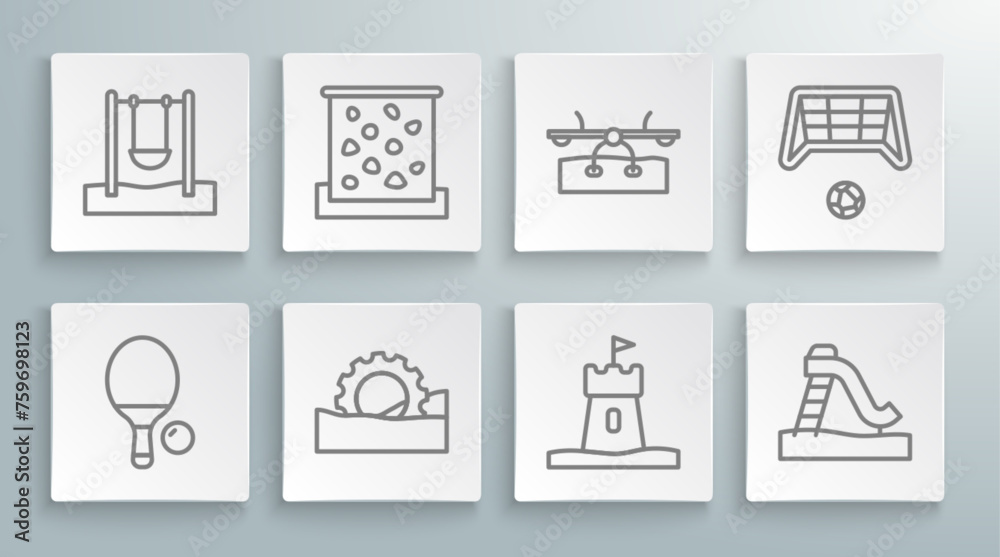 Set line Racket and ball, Climbing wall, Ferris wheel, Sand tower, Kid slide, Seesaw, Soccer goal with and Swing icon. Vector Set line Racket and ball, Climbing wall, Ferris wheel, Sand tower, Kid slide, Seesaw, Soccer goal with and Swing icon. Vector