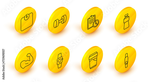 Set line Smartwatch, Glass with water, Bodybuilder muscle, Bottle of, Sport training program, Dumbbell and Bathroom scales icon. Vector