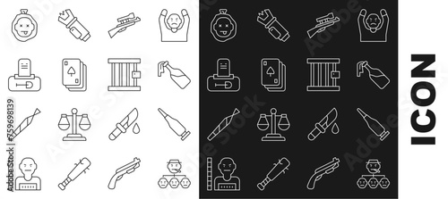 Set line Mafia, Bullet, Cocktail molotov, Sniper rifle with scope, Playing cards, Grave tombstone, Murder and Prison window icon. Vector