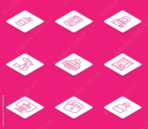 Set line Sauce bottle, Paper or financial check, Seller, Price tag for fish, Wooden box fruits, Canned food, Shopping cart on computer and New price dollar icon. Vector