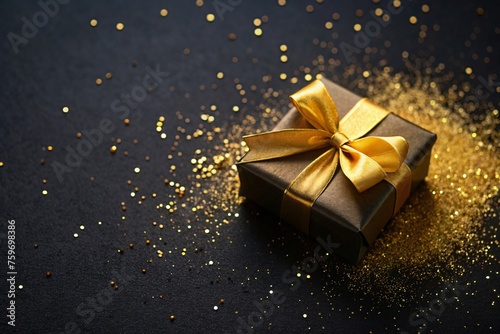 Gift box with golden bow on black background. Black Friday concept.