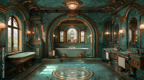 Luxurious vintage bathroom interior with elegant classic fixtures and rich decor.