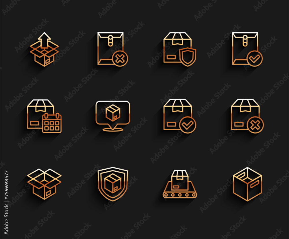 Set line Unboxing, Delivery security with shield, Conveyor belt, Carton cardboard, Location, and ackage check mark icon. Vector Set line Unboxing, Delivery security with shield, Conveyor belt, Carton cardboard, Location, and ackage check mark icon. Vector
