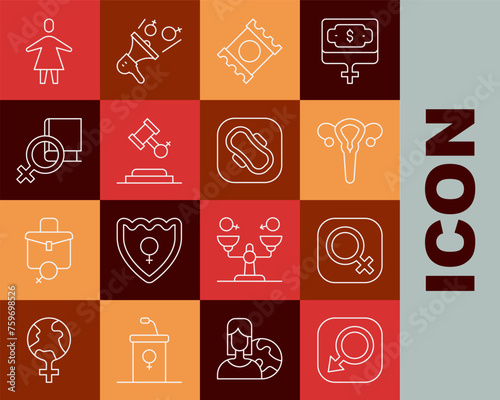 Set line Male gender, Female, reproductive system, Condom in package, rights, Book about women, and Sanitary napkin icon. Vector