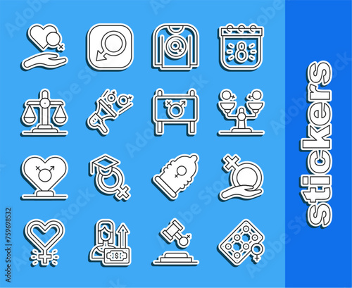 Set line Packaging of birth control pills, Female gender, Gender equality, Feminist shirt, activist, Heart with female and icon. Vector