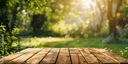 A wooden table in front of a forest with sunlight background,wooden table with no objects on it and a blurred background of an outdoor garden.
