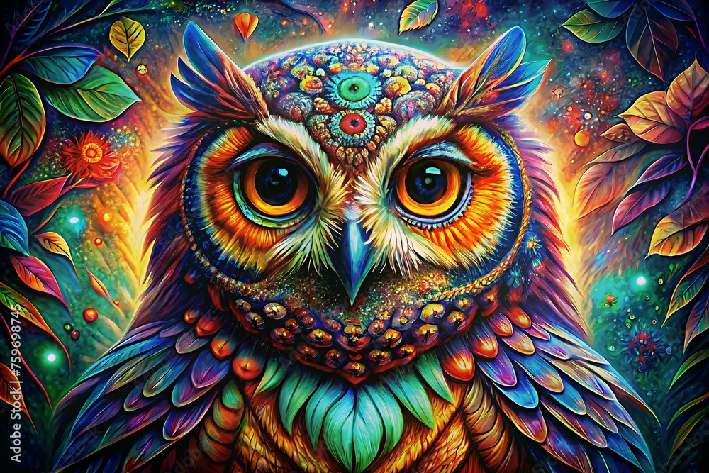Fototapeta colorful painting with beautiful owl on abstract background, Colorful painting..