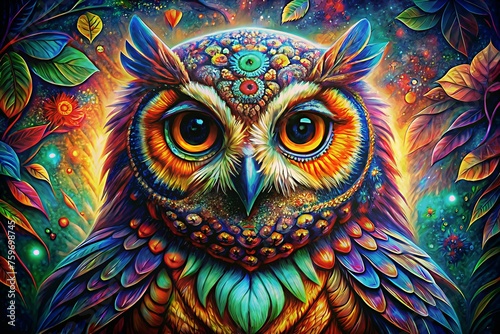 colorful painting with beautiful owl on abstract background  Colorful painting..