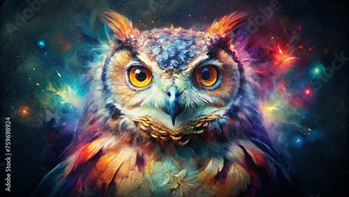 colorful painting with beautiful owl on abstract background, Colorful painting.. © Ajay
