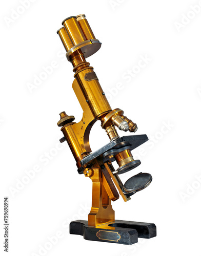 Old brass microscope isolated on transparent background. Retro optical equipment. Retro objects, gadgets, vintage style.