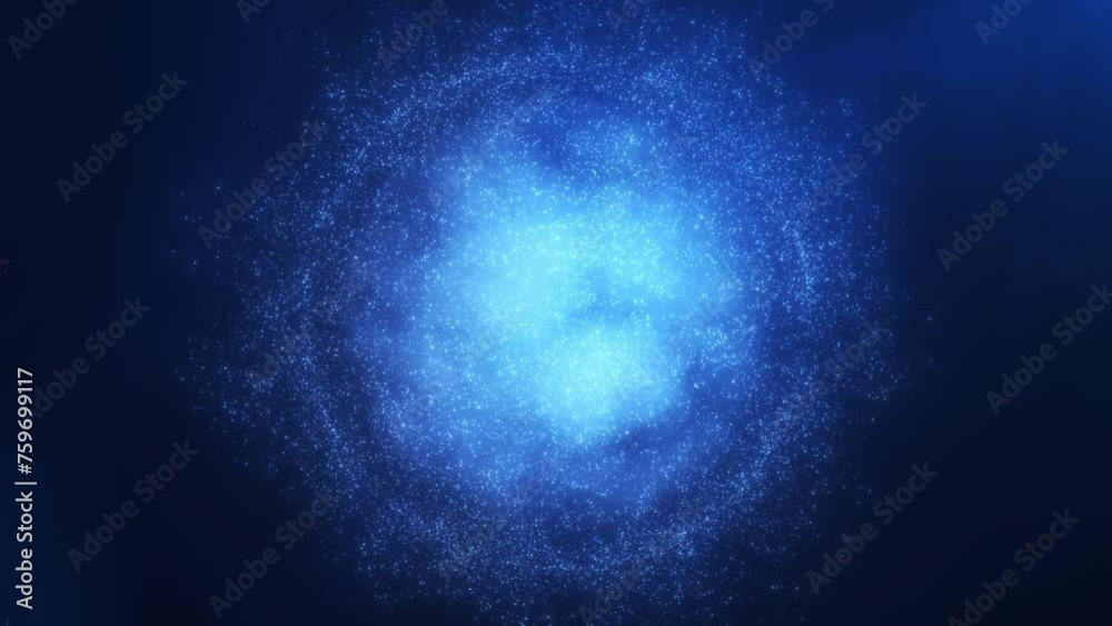 Abstract digital energy glowing sphere of moving particles and shiny clouds. Blue orb ball round core made of glowing bright electric electrons small futuristic particle flying dots on dark background