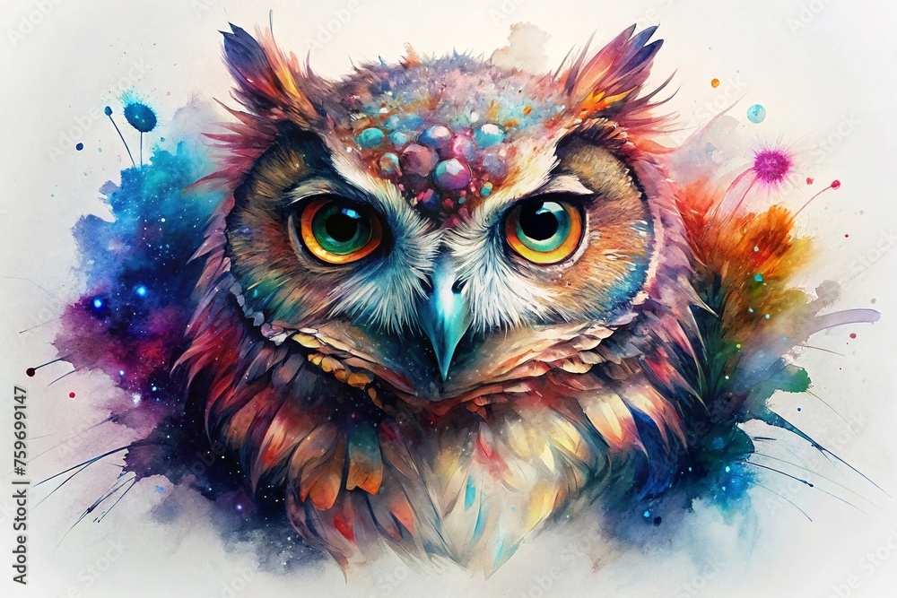 colorful painting with beautiful owl on abstract background, Colorful painting..