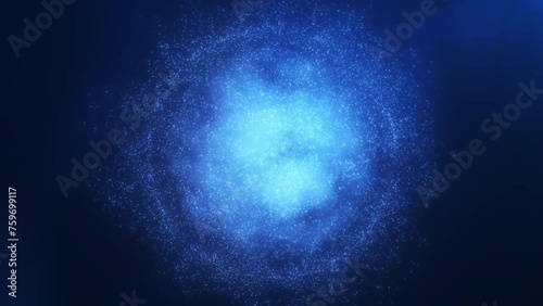 Abstract digital energy glowing sphere of moving particles and shiny clouds. Blue orb ball round core made of glowing bright electric electrons small futuristic particle flying dots on dark background photo