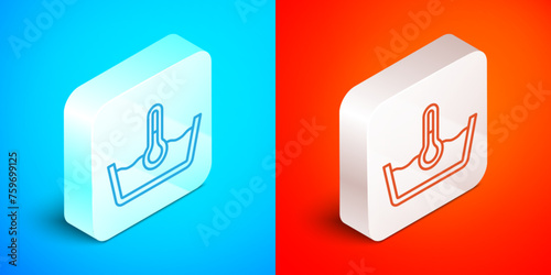 Isometric line Temperature wash icon isolated on blue and red background. Temperature wash. Silver square button. Vector