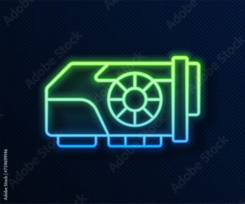 Glowing neon line Video graphic card icon isolated on blue background. Vector