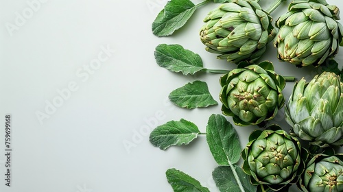 Isolated on a white backdrop, a fresh green artichoke blooming edible bud with room for writing or a product, Generative AI. photo
