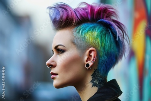 Portrait of a woman with a colorful punk haircut.