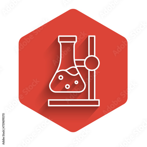 White line Glass test tube flask on stand icon isolated with long shadow background. Laboratory equipment. Red hexagon button. Vector