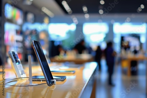 A smart phone store showcasing the latest models with people in the blurred background.