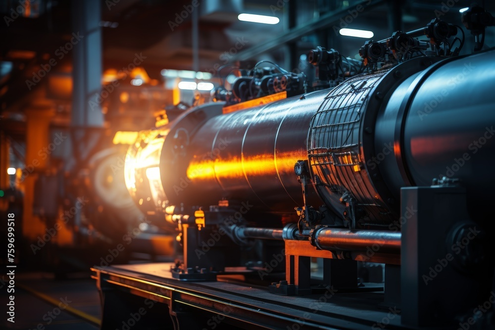 Detailed view of a boiler tube amidst the intricate machinery in a bustling industrial factory Detailed view of a boiler tube amidst the intricate machinery in a bustling industrial factory