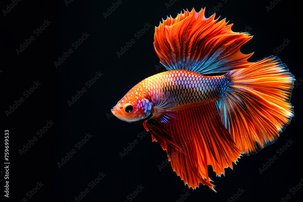 A fish with orange and blue fins is swimming in a black background. colors create a sense of vibrancy and energy. Betta fish isolated on black background, Multi color Siamese fighting fish