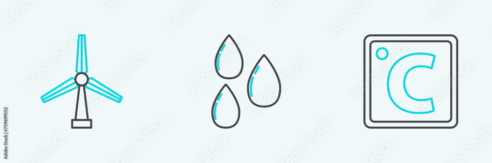 Set line Celsius, Wind turbine and Water drop icon. Vector Set line Celsius, Wind turbine and Water drop icon. Vector