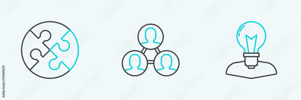 Set line Human head with lamp bulb, Piece of puzzle and Project team base icon. Vector Set line Human head with lamp bulb, Piece of puzzle and Project team base icon. Vector